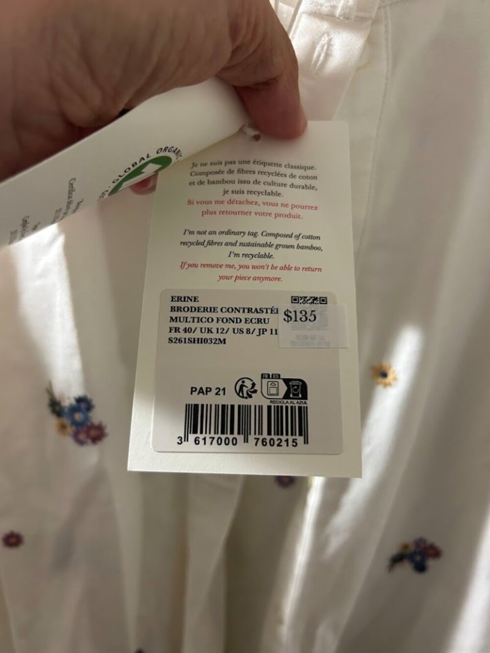 Sezane Erine Shirt Ecru Multicolored Embroidery - Size 8 (FR 4) New with Tags - Picture 4 of 4
